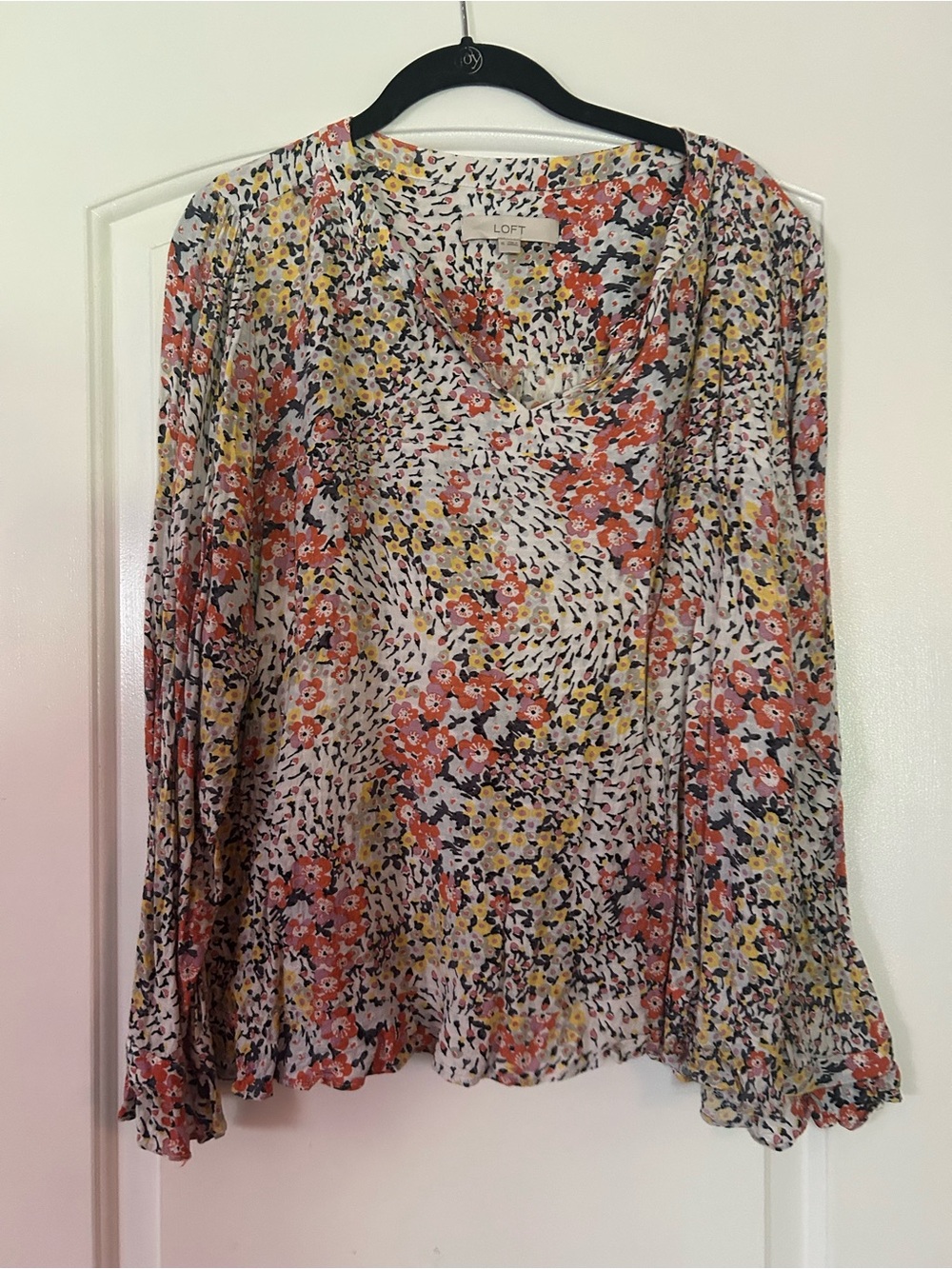 LOFT Floral V-Neck Blouse in Coral, Yellow & Navy